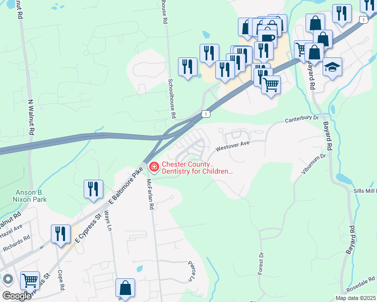 map of restaurants, bars, coffee shops, grocery stores, and more near 414 Victoria Gardens Drive in Kennett Square