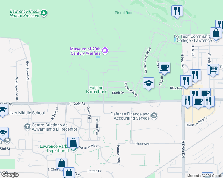 map of restaurants, bars, coffee shops, grocery stores, and more near 8347 Watertown Drive in Indianapolis