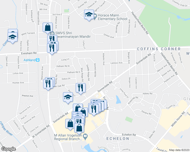map of restaurants, bars, coffee shops, grocery stores, and more near Round Hill Road in Voorhees Township