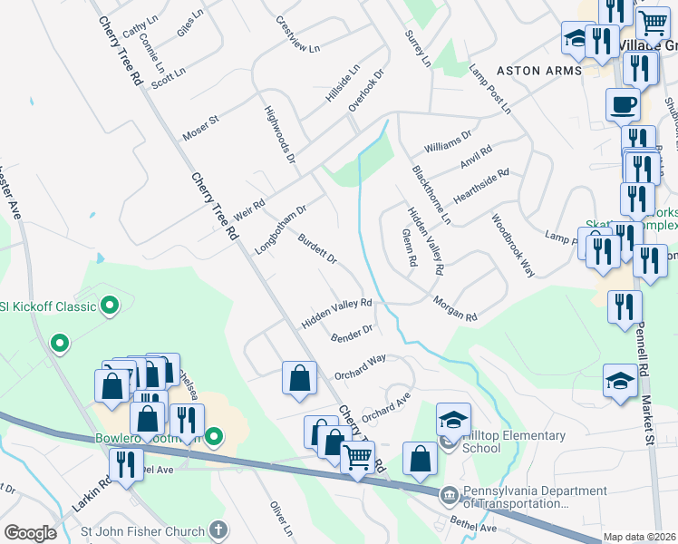 map of restaurants, bars, coffee shops, grocery stores, and more near 726 Burdett Drive in Aston