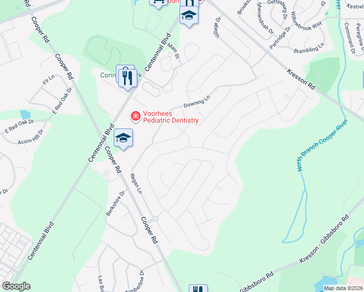 map of restaurants, bars, coffee shops, grocery stores, and more near 105 Bunning Drive in Voorhees Township