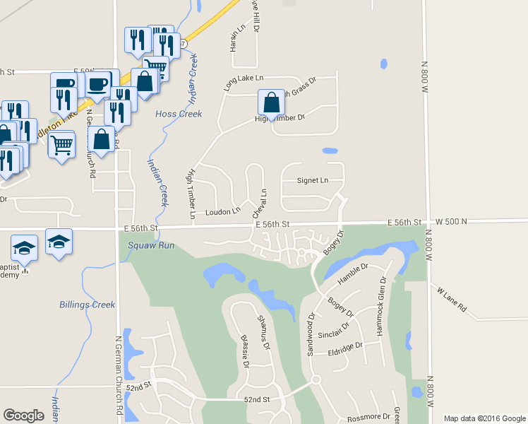 map of restaurants, bars, coffee shops, grocery stores, and more near 5631 Cheval Lane in Indianapolis