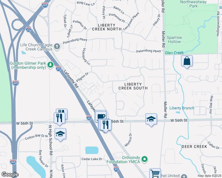 map of restaurants, bars, coffee shops, grocery stores, and more near 5751 Liberty Creek Drive East in Indianapolis