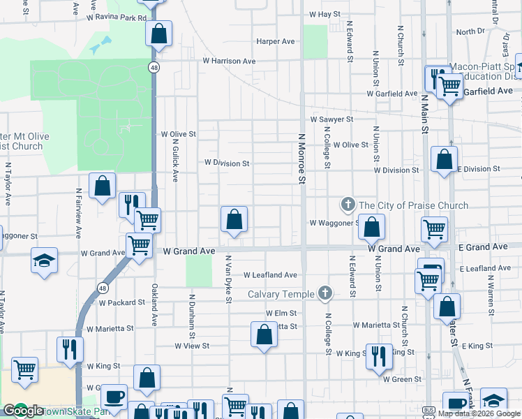 map of restaurants, bars, coffee shops, grocery stores, and more near 765 West Center Street in Decatur