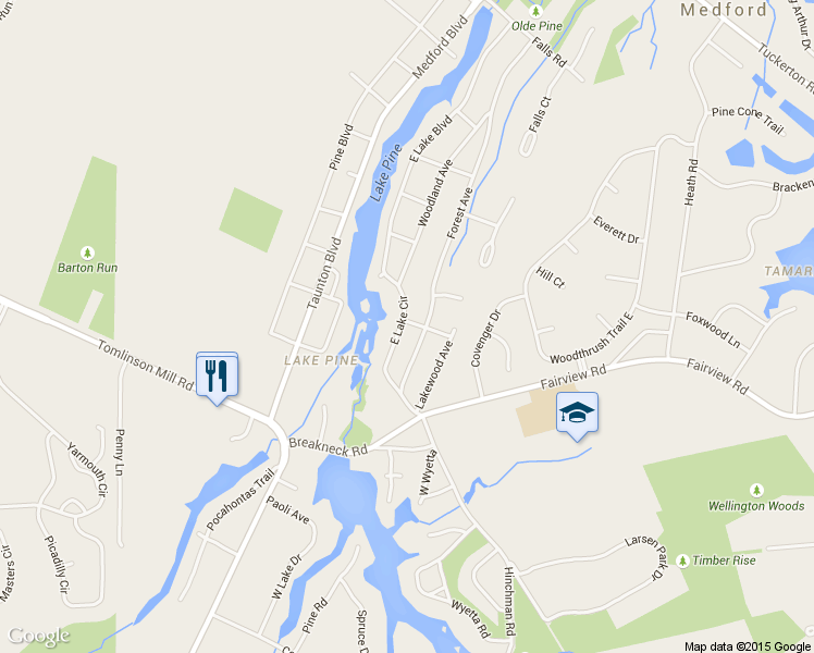 map of restaurants, bars, coffee shops, grocery stores, and more near 16 East Lake Circle in Medford