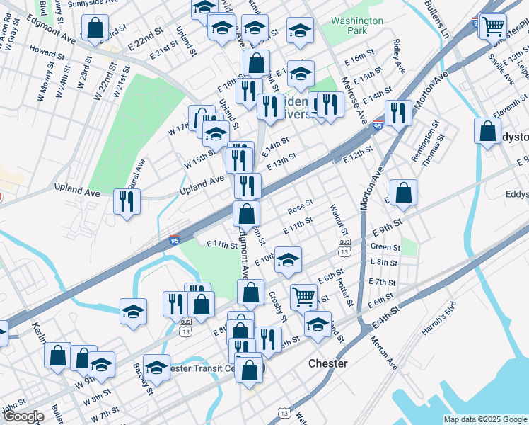 map of restaurants, bars, coffee shops, grocery stores, and more near 1143 Madison Street in Chester