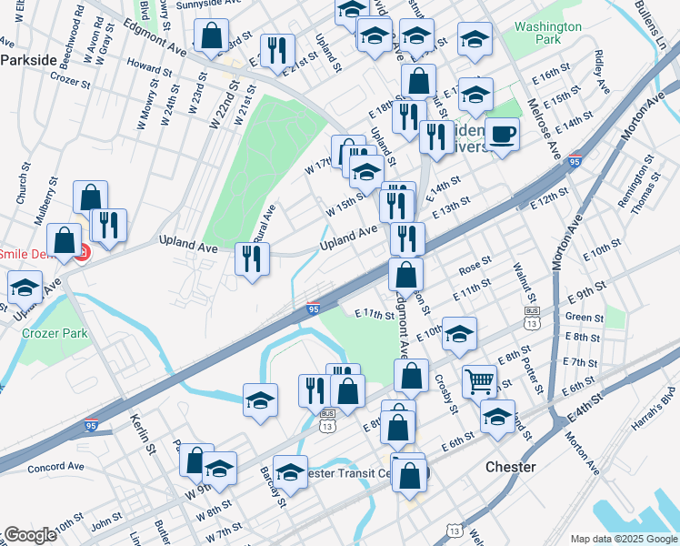 map of restaurants, bars, coffee shops, grocery stores, and more near 111 East 13th Street in Chester