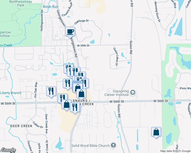 map of restaurants, bars, coffee shops, grocery stores, and more near 5750 Ensley Court in Indianapolis