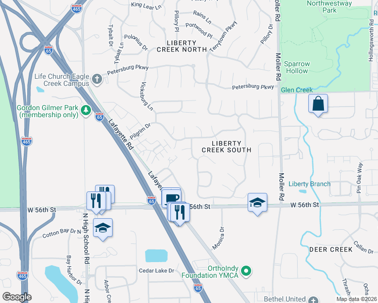 map of restaurants, bars, coffee shops, grocery stores, and more near 5751 Liberty Creek Drive East in Indianapolis