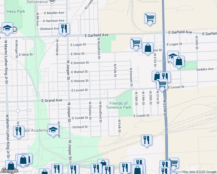 map of restaurants, bars, coffee shops, grocery stores, and more near 1600 East Locust Street in Decatur