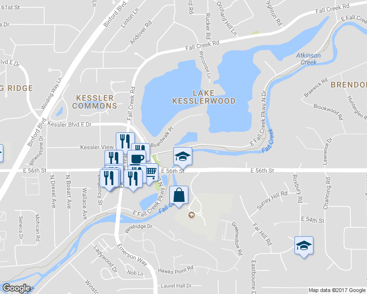 map of restaurants, bars, coffee shops, grocery stores, and more near 5672 East Fall Creek Parkway North Drive in Indianapolis
