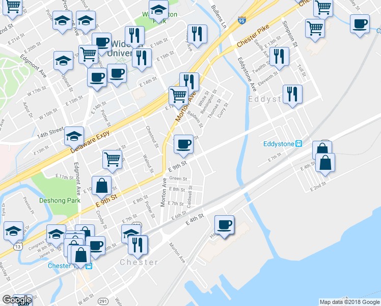 map of restaurants, bars, coffee shops, grocery stores, and more near 910 McDowell Avenue in Chester