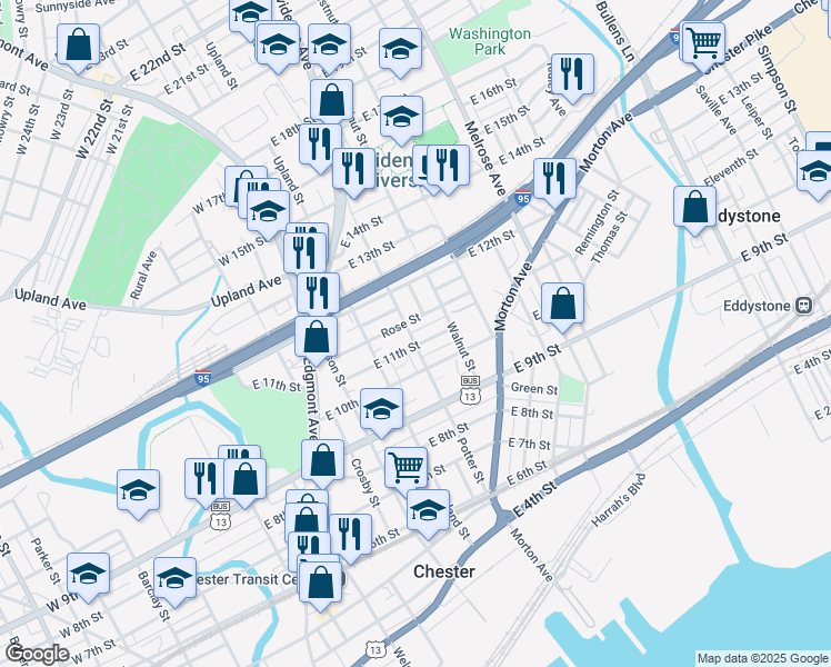 map of restaurants, bars, coffee shops, grocery stores, and more near 1109 Potter Street in Chester