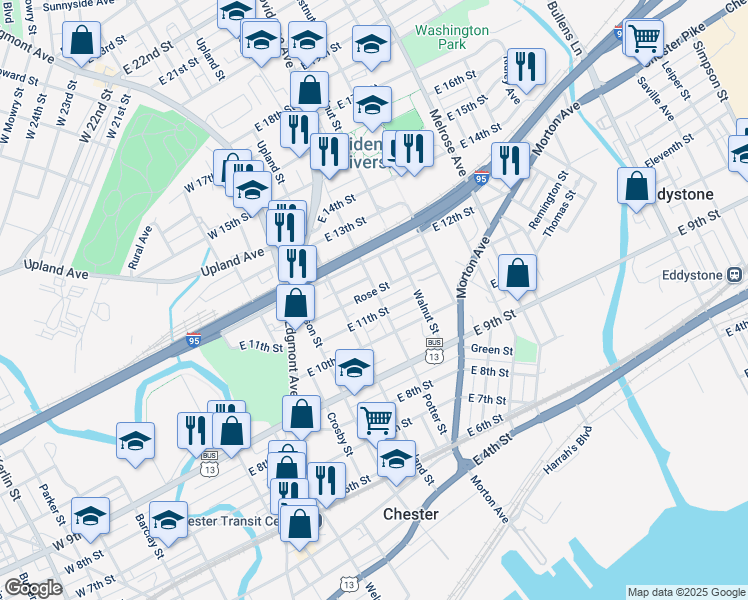 map of restaurants, bars, coffee shops, grocery stores, and more near 1112 Potter Street in Chester
