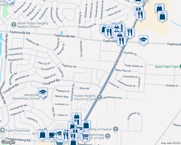 map of restaurants, bars, coffee shops, grocery stores, and more near 6939 Alter Road in Dayton