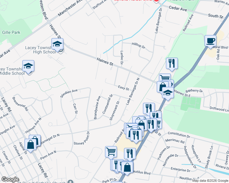 map of restaurants, bars, coffee shops, grocery stores, and more near 422 Continental Street in Lacey Township