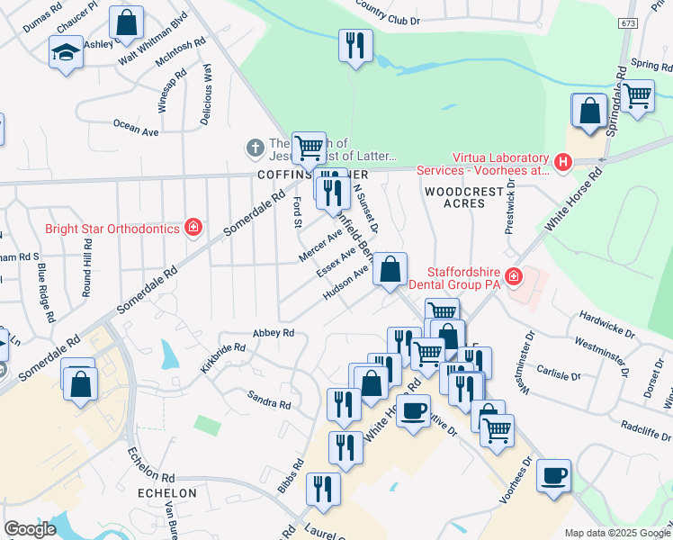 map of restaurants, bars, coffee shops, grocery stores, and more near 1101 Essex Avenue in Voorhees Township
