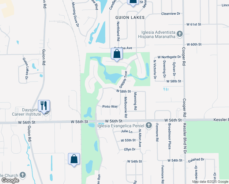 map of restaurants, bars, coffee shops, grocery stores, and more near 3621 West 58th Street in Indianapolis