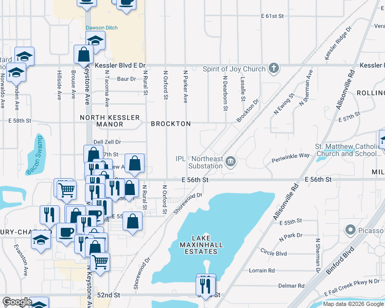 map of restaurants, bars, coffee shops, grocery stores, and more near 5649 N Parker Ave in Indianapolis