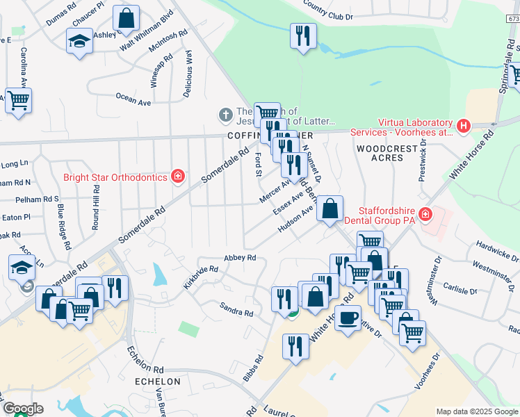 map of restaurants, bars, coffee shops, grocery stores, and more near 1009 Mercer Avenue in Voorhees Township