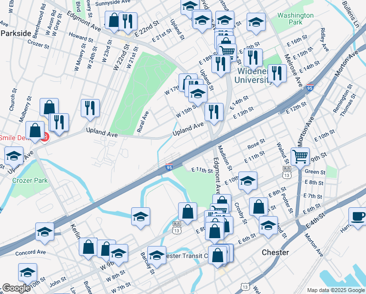 map of restaurants, bars, coffee shops, grocery stores, and more near 111 East 13th Street in Chester