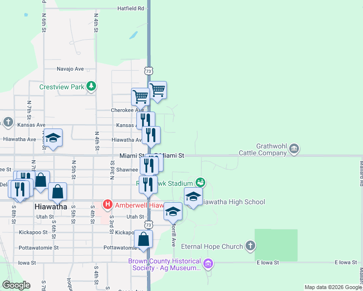 map of restaurants, bars, coffee shops, grocery stores, and more near 202 Miami Street in Hiawatha
