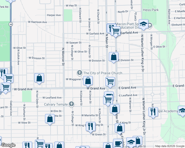 map of restaurants, bars, coffee shops, grocery stores, and more near 1400-1498 North Union Street in Decatur