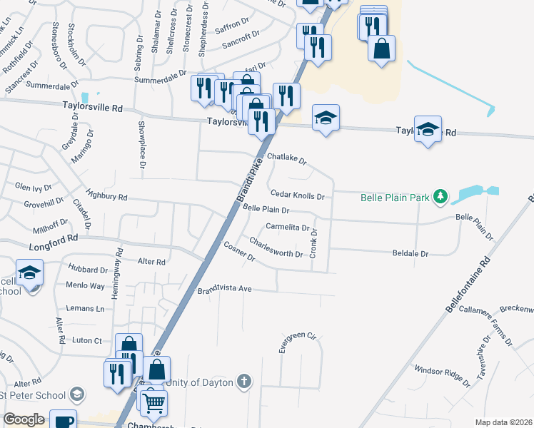 map of restaurants, bars, coffee shops, grocery stores, and more near 7220 Belle Plain Drive in Dayton