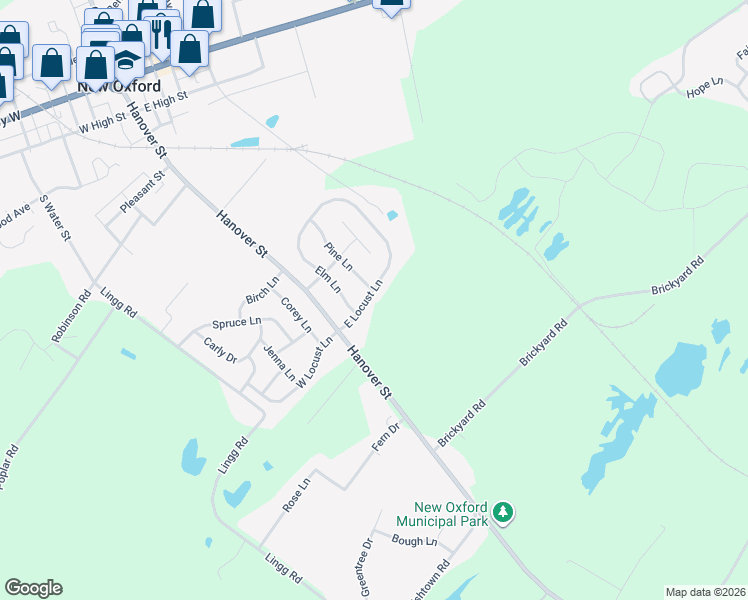 map of restaurants, bars, coffee shops, grocery stores, and more near 13 East Locust Lane in New Oxford