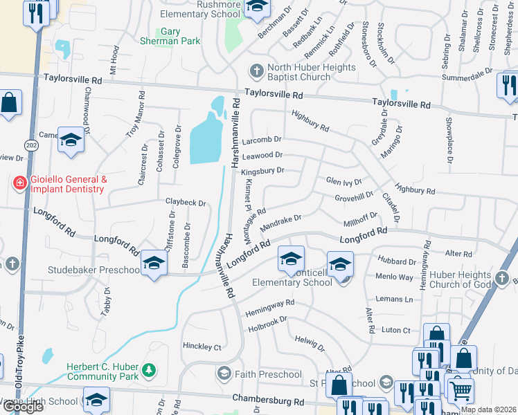 map of restaurants, bars, coffee shops, grocery stores, and more near 7007 Klyemore Drive in Dayton