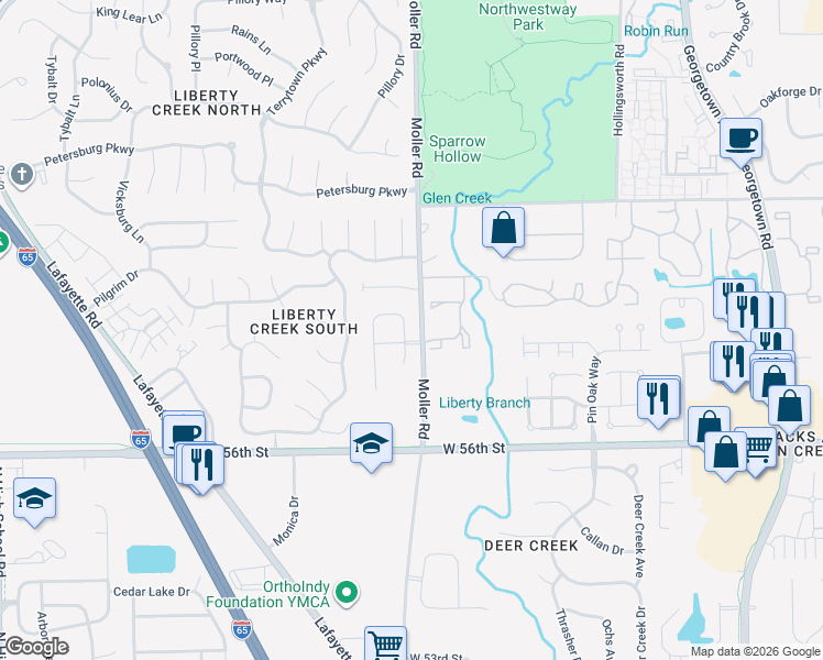 map of restaurants, bars, coffee shops, grocery stores, and more near 5755 Rosemont Drive in Indianapolis