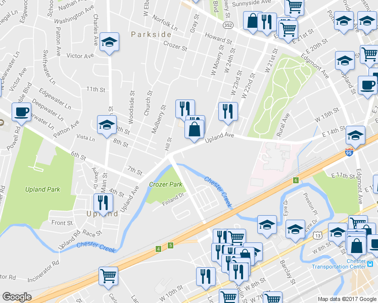 map of restaurants, bars, coffee shops, grocery stores, and more near 840 Upland Avenue in Chester