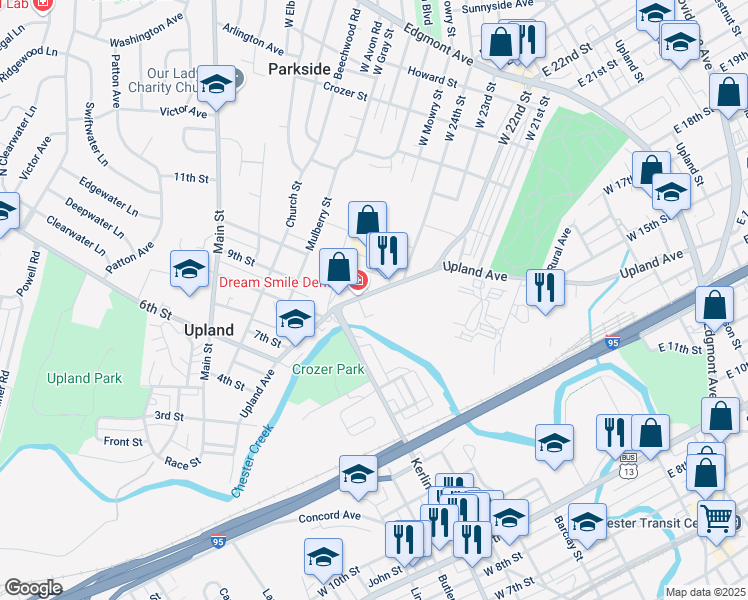 map of restaurants, bars, coffee shops, grocery stores, and more near 840 Upland Avenue in Chester