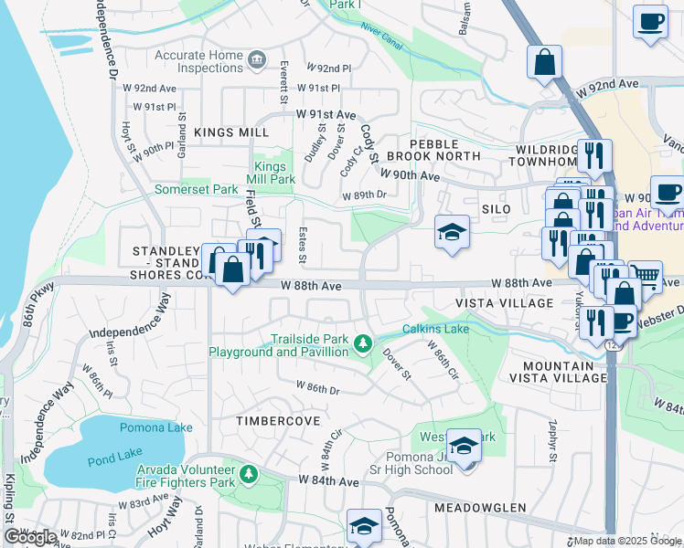 map of restaurants, bars, coffee shops, grocery stores, and more near 8640 West 88th Place in Westminster