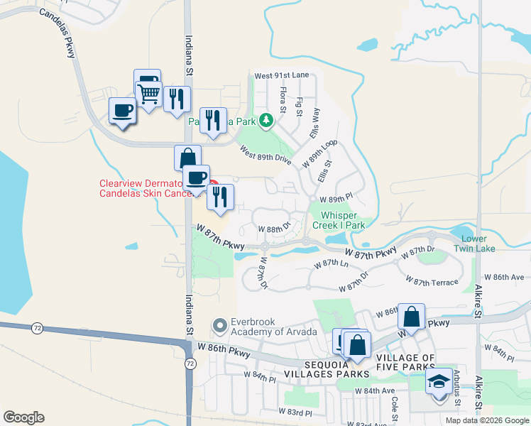 map of restaurants, bars, coffee shops, grocery stores, and more near 14358 West 88th Place in Arvada