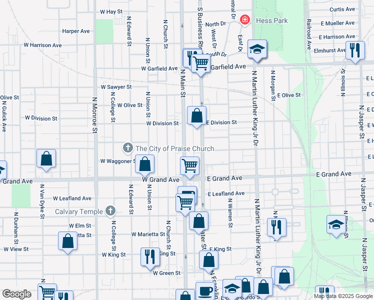 map of restaurants, bars, coffee shops, grocery stores, and more near 1500 North Main Street in Decatur