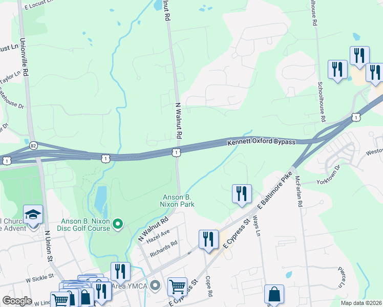 map of restaurants, bars, coffee shops, grocery stores, and more near 414 North Walnut Road in Kennett Square