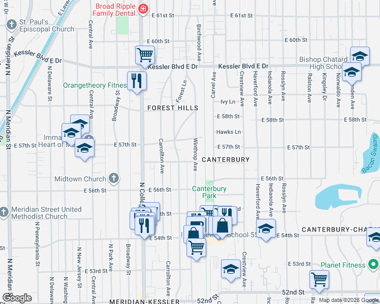 map of restaurants, bars, coffee shops, grocery stores, and more near 5666 Winthrop Avenue in Indianapolis