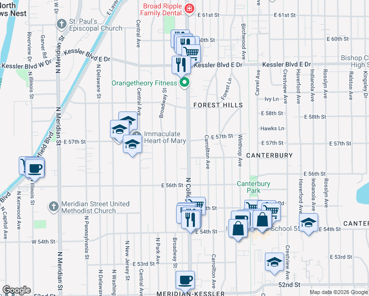 map of restaurants, bars, coffee shops, grocery stores, and more near 5680 North College Avenue in Indianapolis