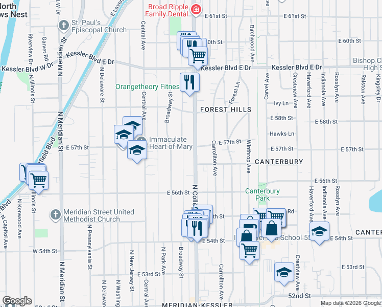 map of restaurants, bars, coffee shops, grocery stores, and more near 5680 North College Avenue in Indianapolis