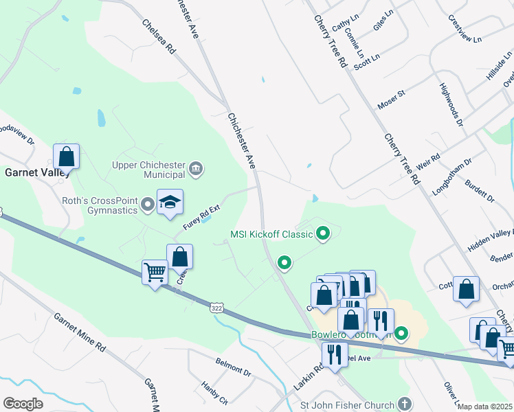 map of restaurants, bars, coffee shops, grocery stores, and more near 5210 Chichester Avenue in Upper Chichester
