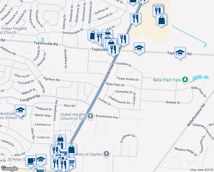 map of restaurants, bars, coffee shops, grocery stores, and more near 7137 Castlecrest Drive in Dayton