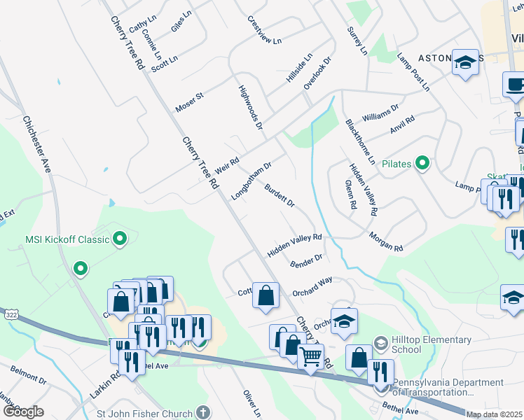 map of restaurants, bars, coffee shops, grocery stores, and more near 777 Cherry Tree Road in Aston