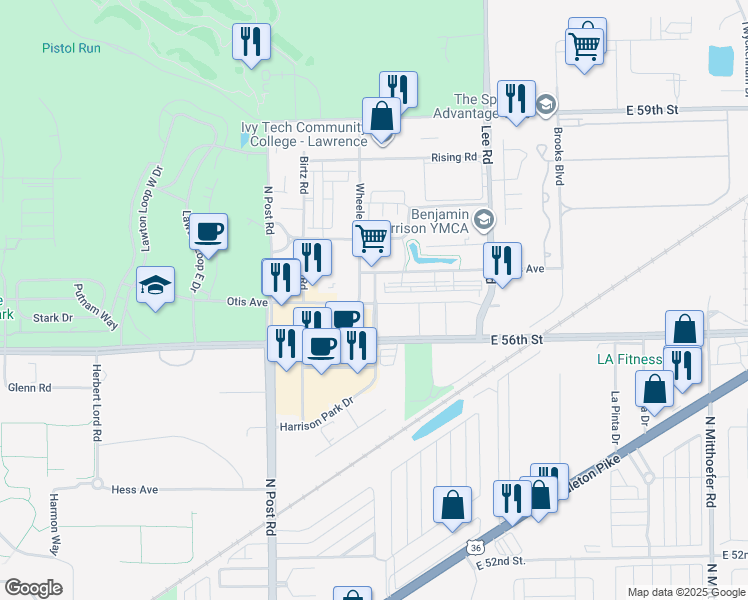 map of restaurants, bars, coffee shops, grocery stores, and more near 9221 Otis Avenue in Indianapolis