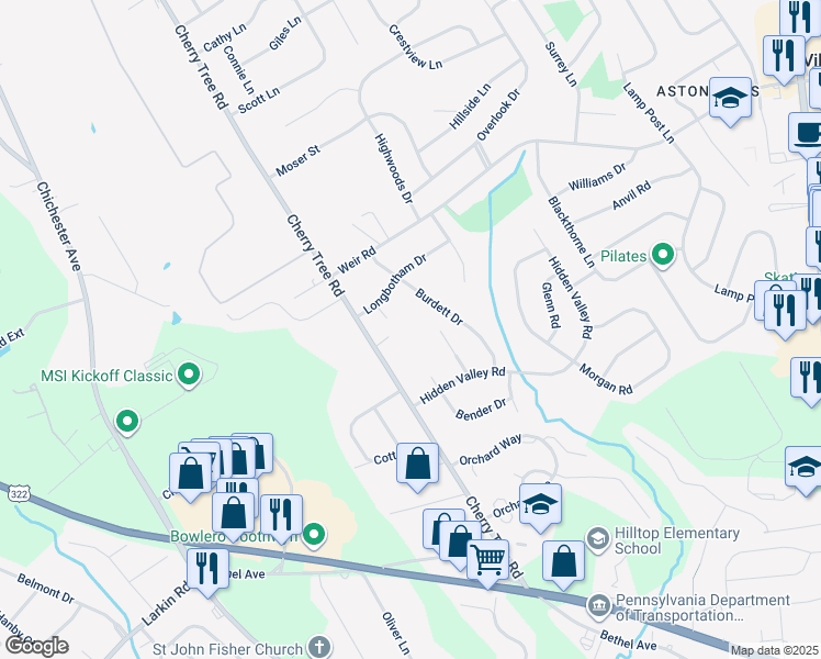 map of restaurants, bars, coffee shops, grocery stores, and more near 777 Cherry Tree Road in Delaware County