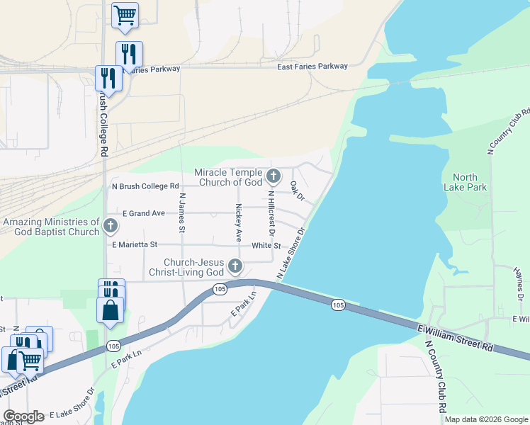 map of restaurants, bars, coffee shops, grocery stores, and more near 1171 North Hillcrest Drive in Decatur