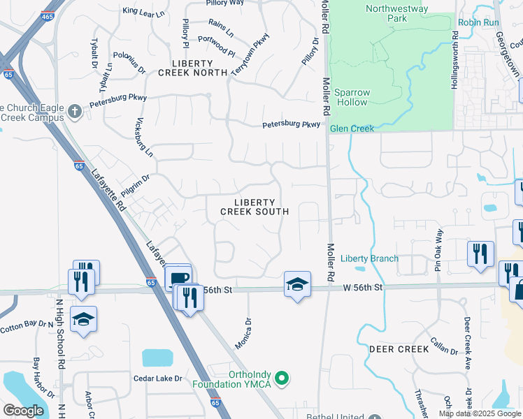 map of restaurants, bars, coffee shops, grocery stores, and more near 5691 Dobbs Ferry Drive in Indianapolis