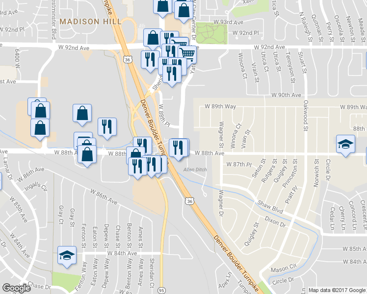 map of restaurants, bars, coffee shops, grocery stores, and more near 8447 Yates Street in Westminster