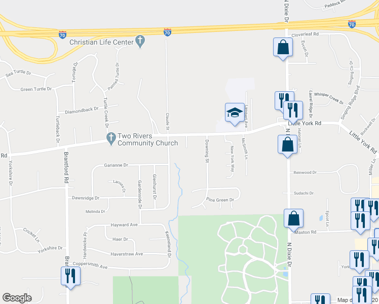 map of restaurants, bars, coffee shops, grocery stores, and more near 3562 Little York Road in Dayton