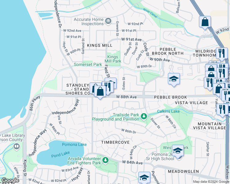 map of restaurants, bars, coffee shops, grocery stores, and more near 8897 West 88th Avenue in Westminster